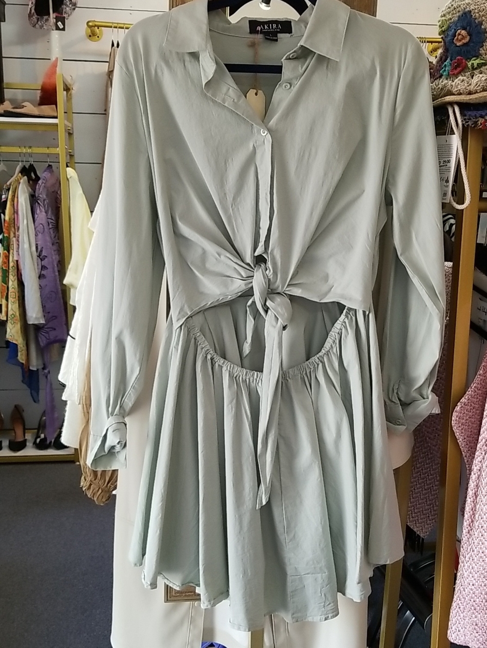 AKIRA Light Sage Tie-Waist Long Sleeve Dress